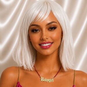 Babygirl Nameplate Necklace Pink Rhinestone Tennis Chain Gold Tone Gothic Script